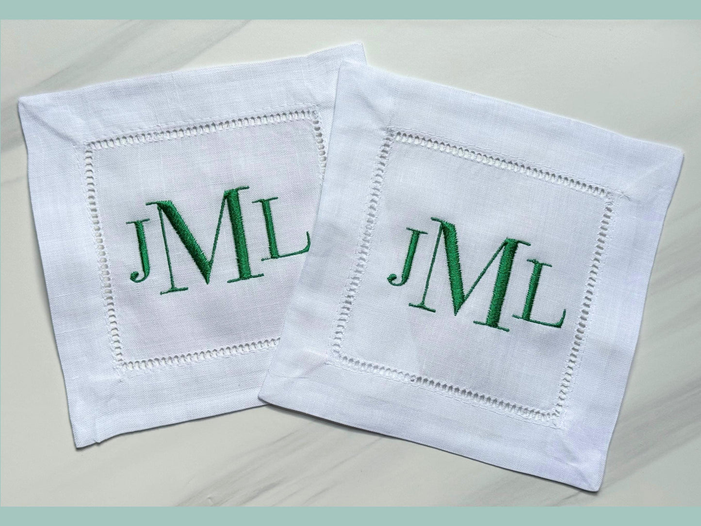 Custom Embroidered Linen Cocktail Napkins - Classic 3 Letter Monogram