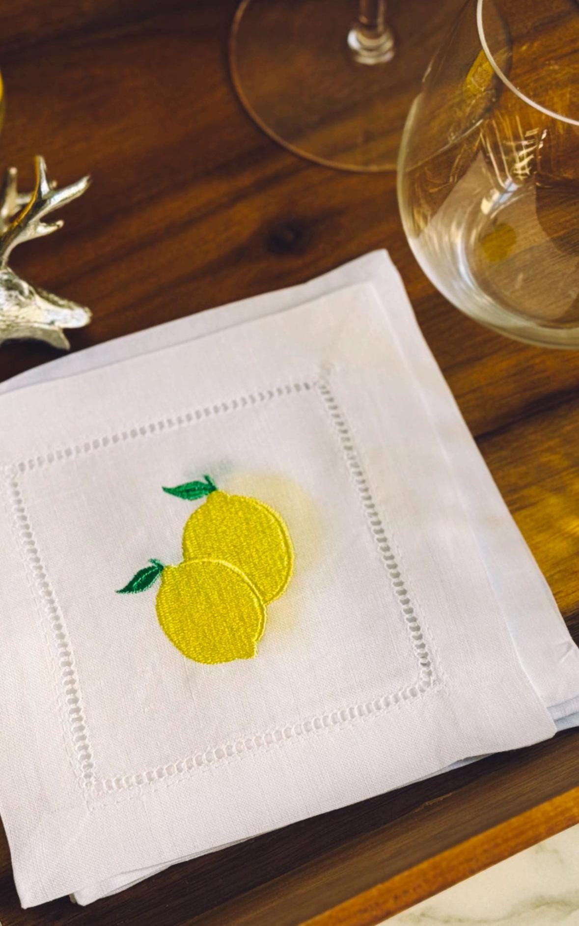 Lemon Motif Embroidered Cocktail Napkins (Set of 4)