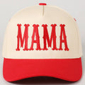 A red and white baseball cap with 'MAMA' embroidered in bold letters on the front.