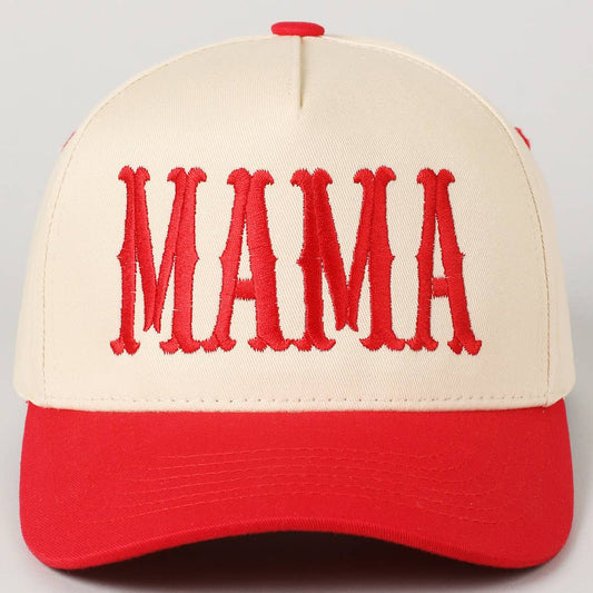 A red and white baseball cap with 'MAMA' embroidered in bold letters on the front.