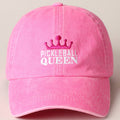A pink baseball cap with 'PICKLEBALL QUEEN' embroidered on the front in white, accompanied by a small crown motif.