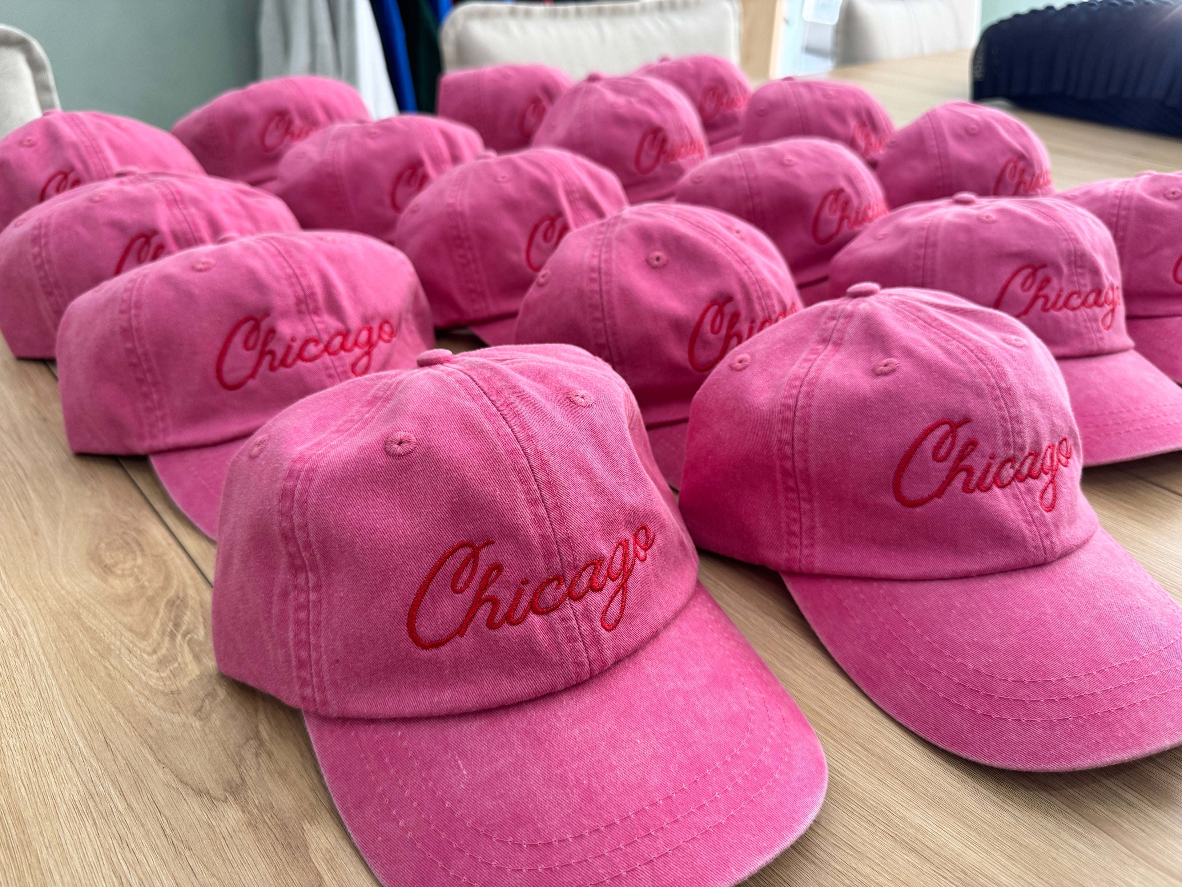 HH pink Chicago script hats