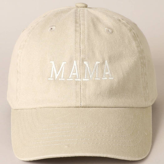 A beige cotton baseball cap with the word 'MAMA' embroidered in white on the front.