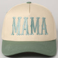 A beige and green two-tone trucker hat with 'MAMA' embroidered in blue on the front.