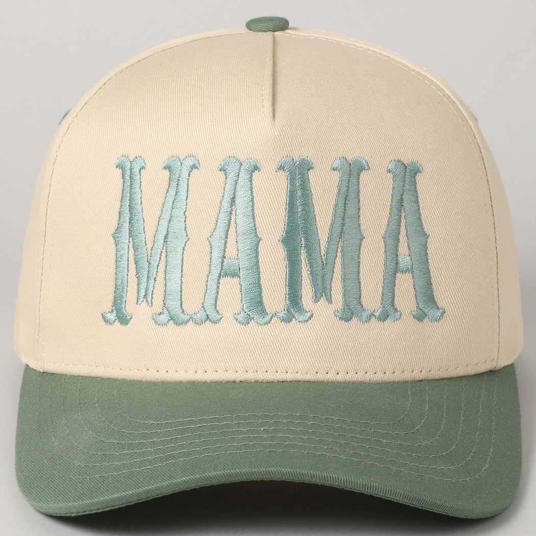 A beige and green two-tone trucker hat with 'MAMA' embroidered in blue on the front.