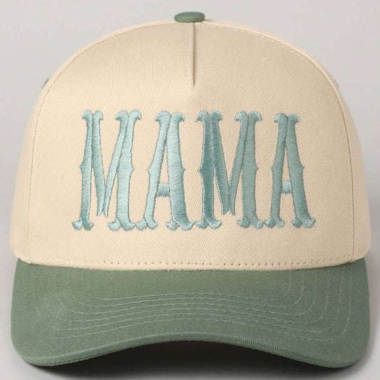 A beige and green two-tone trucker hat with 'MAMA' embroidered in blue on the front.