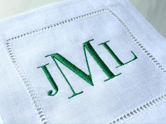 Custom Embroidered Linen Cocktail Napkins - Classic 3 Letter Monogram