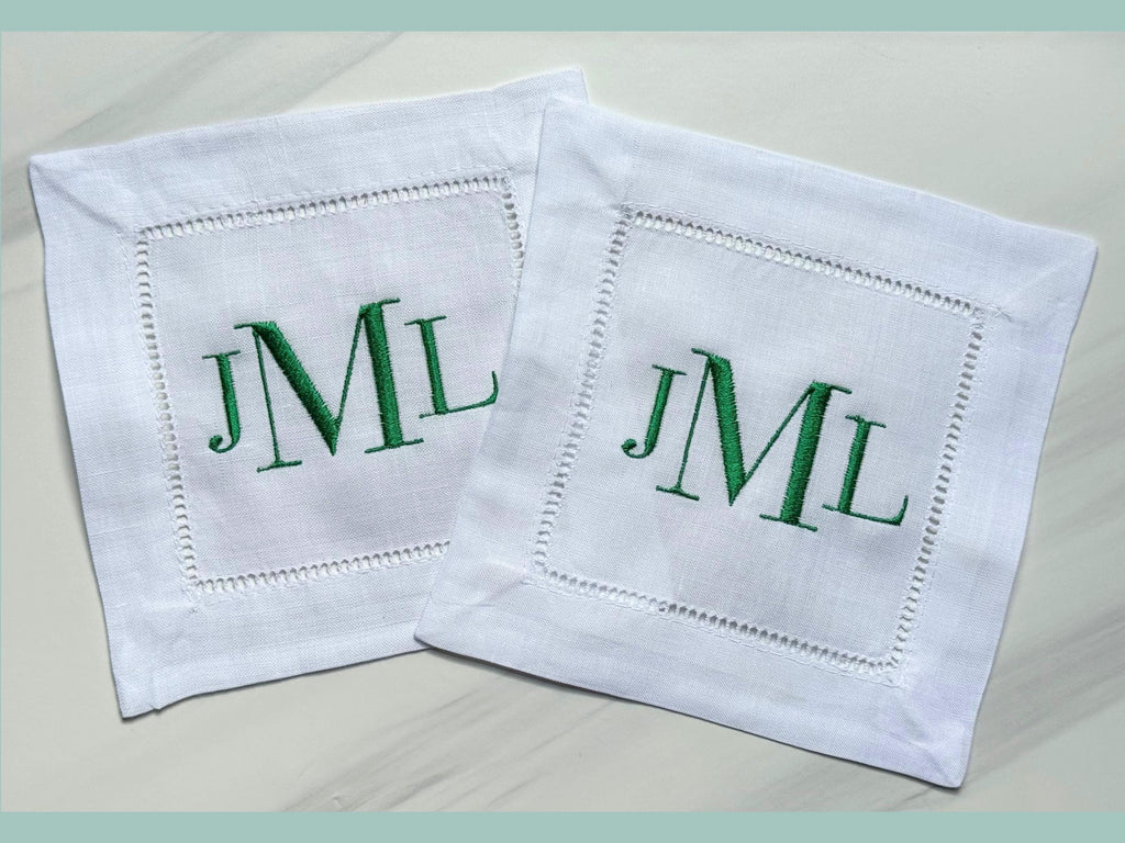 Custom Embroidered Linen Cocktail Napkins - Classic 3 Letter Monogram