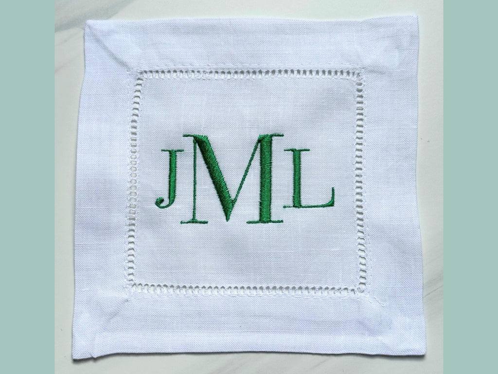 Custom Embroidered Linen Cocktail Napkins - Classic 3 Letter Monogram