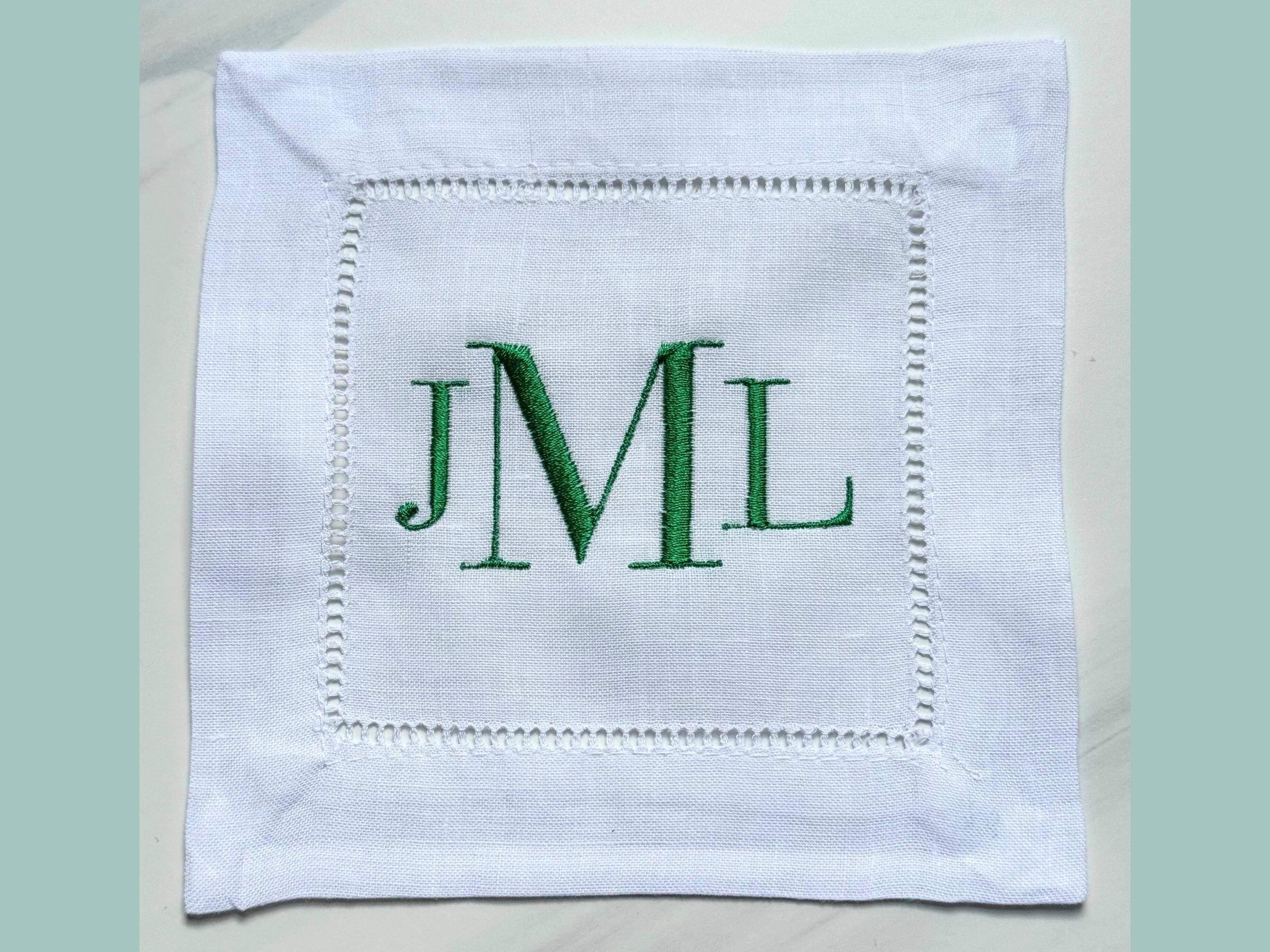Custom Embroidered Linen Cocktail Napkins - Classic 3 Letter Monogram