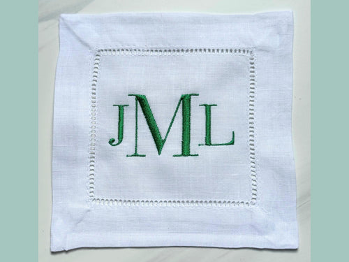 Custom Embroidered Linen Cocktail Napkins - Classic 3 Letter Monogram